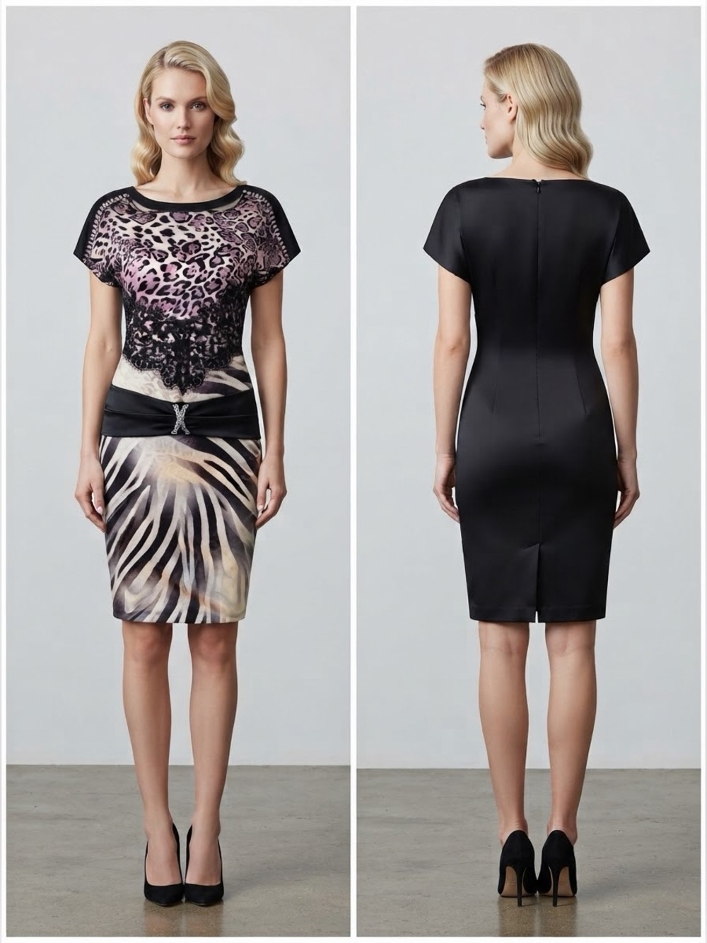 NWT POLEN POE SATIN FORMAL DRESS RAGLAN SHORT SLEEVES ANIMAL PRINT SILK GOWN‎